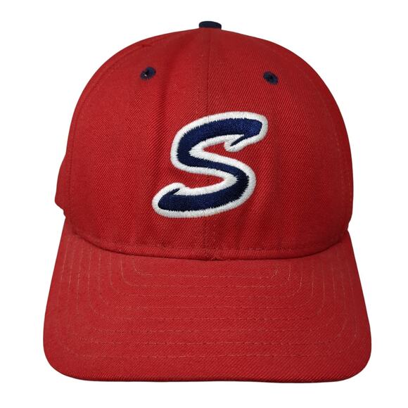 DeLong Snapback Hat Red Large Embroidered Logo Vent Holes Outdoor Vintage USA - Picture 1 of 10